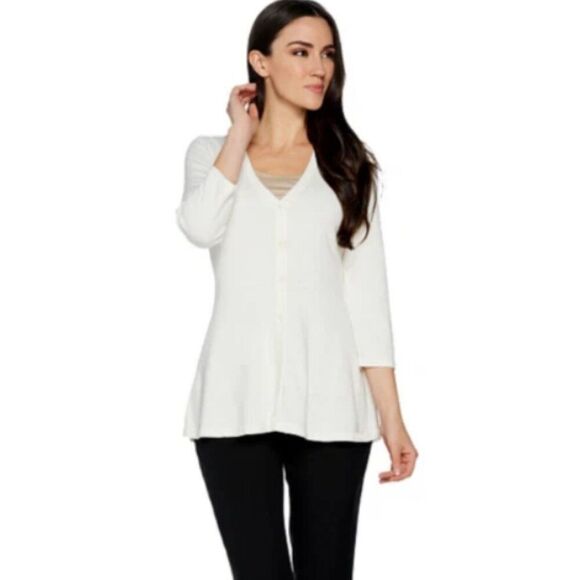 New Isaac Mizrahi V neck peplum 3/4 sleeve in Cream | Size M - Picture 1 of 8